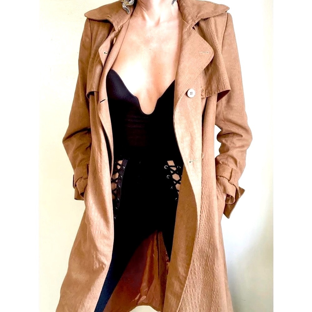 Vintage Gorgeous Long Trench Coat w/ Faint Faux Crocodile Textured Pattern - Picture 3 of 9